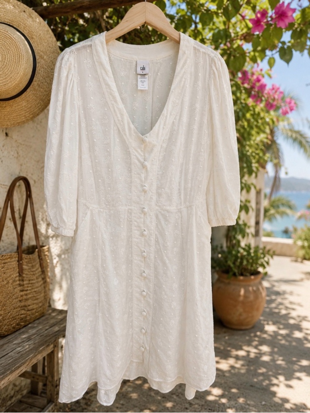 CAbi White Embroidered Button-Front Dress size 8